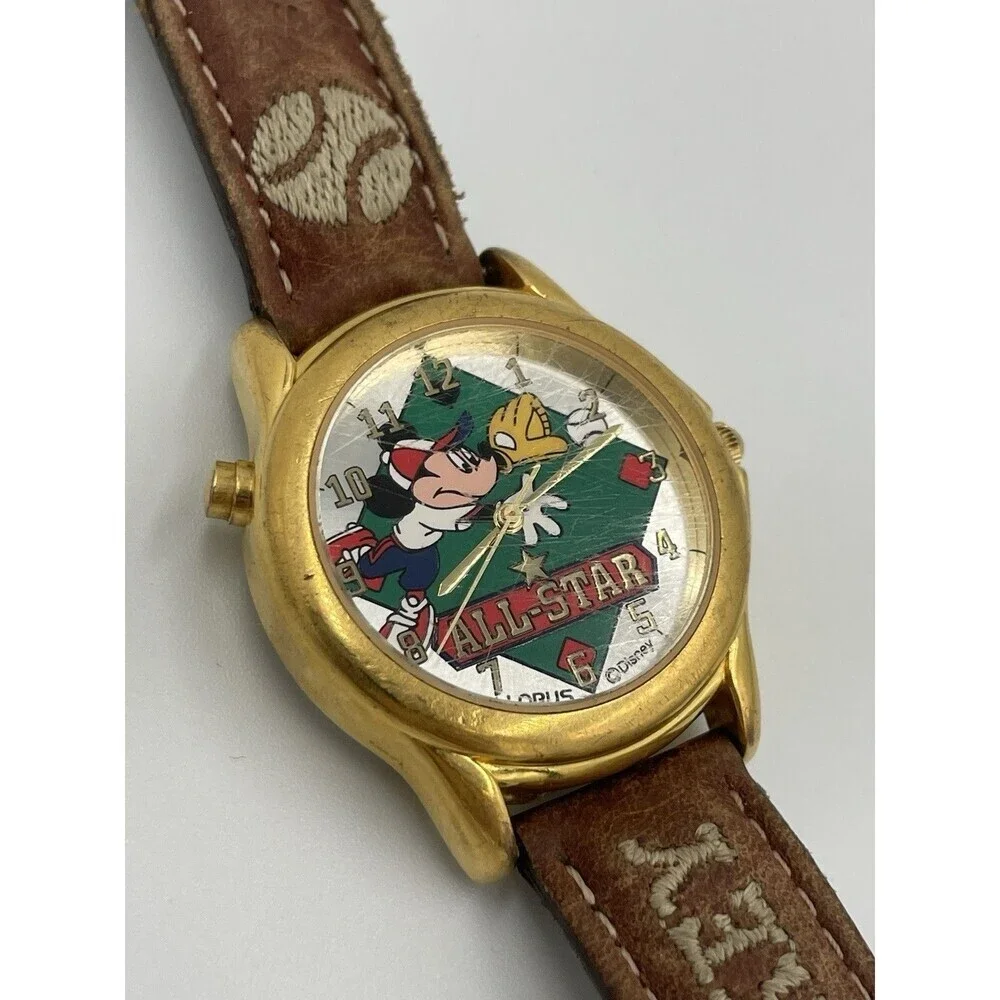 Vintage Mickey Mouse Baseball Lorus Watch With Gold All Star Disney Rare